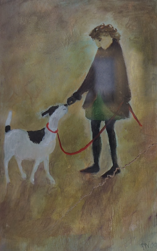 Tessa Newcomb (b.1955), oil and mixed media on board, Study of a woman and dog, initialled and dated '09, 24 x 15cm. Condition - crack running across lower half of the panel